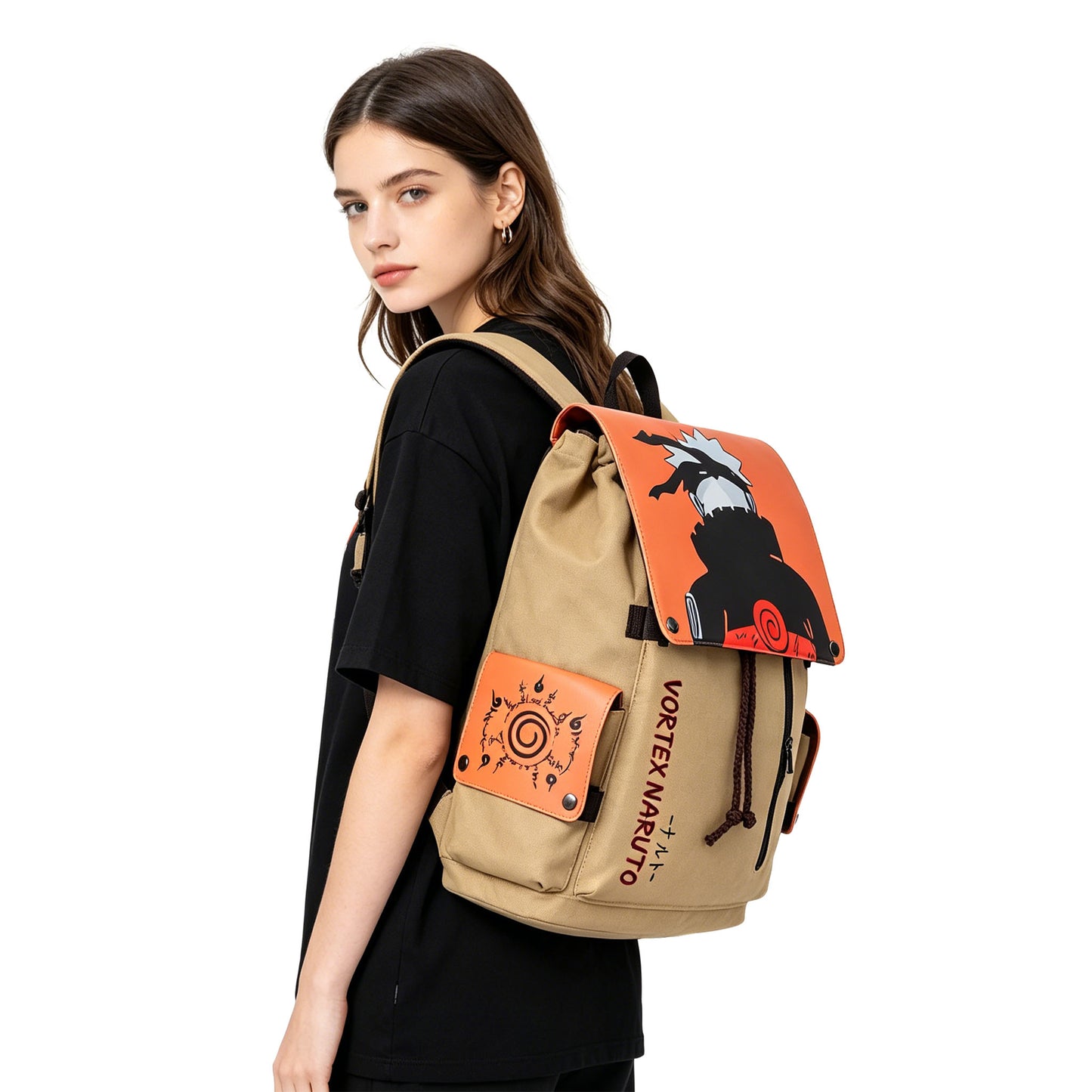 Naruto Drawstring Flap Backpack, Anime Nine Tails Seal Canvas School Laptop Backpack