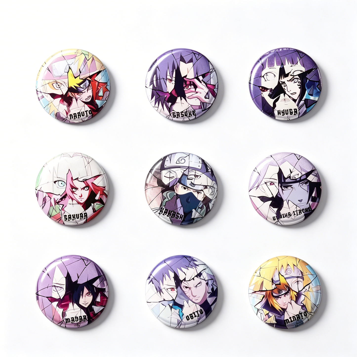 Naruto Sasuke Shattered Crack Anime Button Pins, Round Metal Lapel Brooch Badges for Backpack Clothing Decor