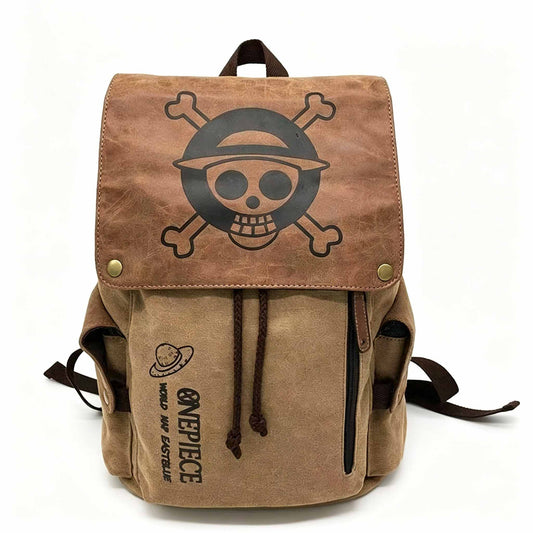 One Piece Monkey D Luffy Zoro Straw Hat Skull Logo Drawstring Flap Backpack, Vintage Canvas 14 Inch Laptop School Travel Rucksack