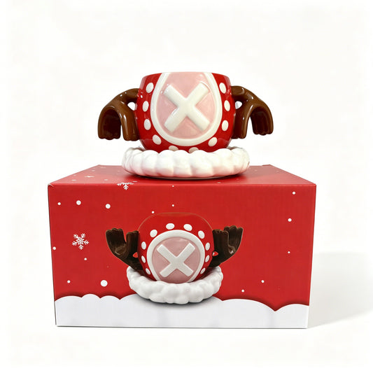 One Piece Tony Tony Chopper Christmas 3D Embossed Ceramic Mug With Coaster, Reindeer Antler Handle Anime Xmas Gift Coffee Cup Set