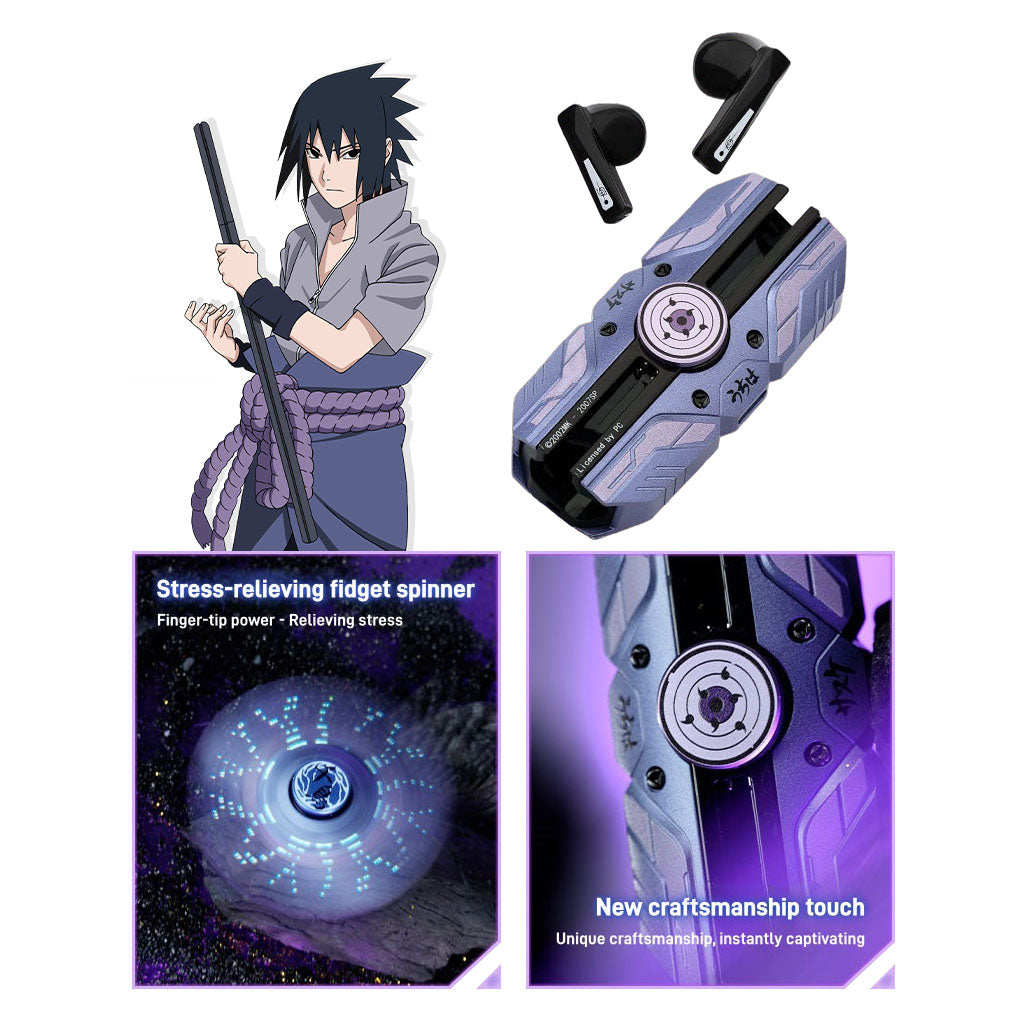 Naruto Sasuke Uchiha Chidori Fidget Spinner TWS Wireless Earbuds, Slide Case Bluetooth 5.3 Gaming Headphones with LED Light