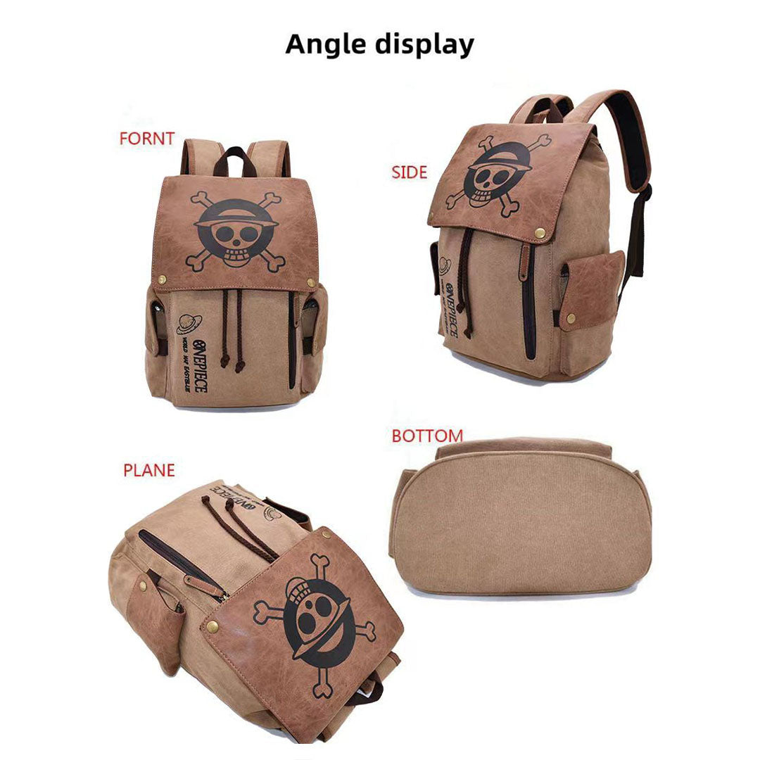 One Piece Monkey D Luffy Zoro Straw Hat Skull Logo Drawstring Flap Backpack, Vintage Canvas 14 Inch Laptop School Travel Rucksack