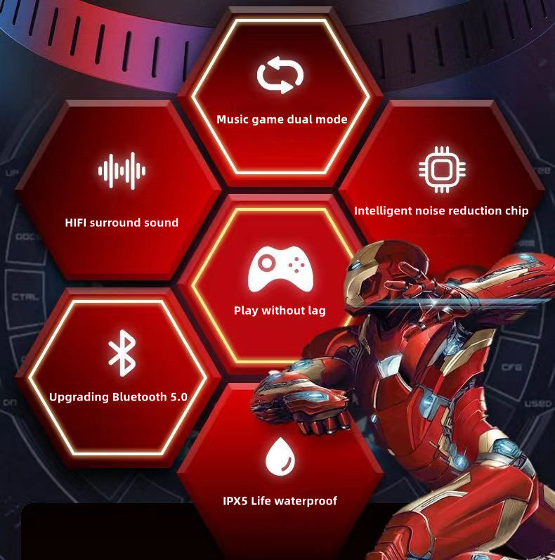 Marvel Spider-Man Iron Man RGB Gaming TWS Bluetooth 5.0 Earbuds, Low Latency Dual Mode Wireless Earphones with LED Breathing Light