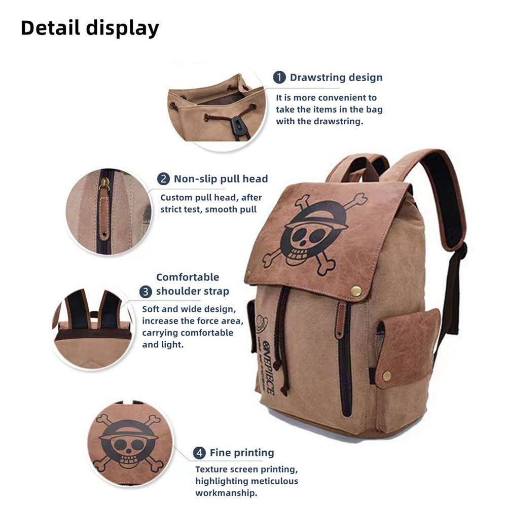 One Piece Monkey D Luffy Zoro Straw Hat Skull Logo Drawstring Flap Backpack, Vintage Canvas 14 Inch Laptop School Travel Rucksack