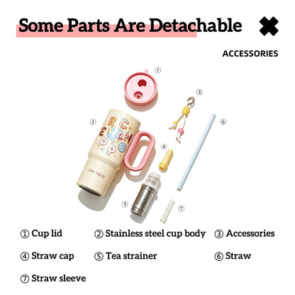 One Piece Tony Tony Chopper Luffy Large Handle Insulated Tumbler, 720ml 304 Stainless Steel Cold Hot Water Bottle With Straw & Tea Infuser