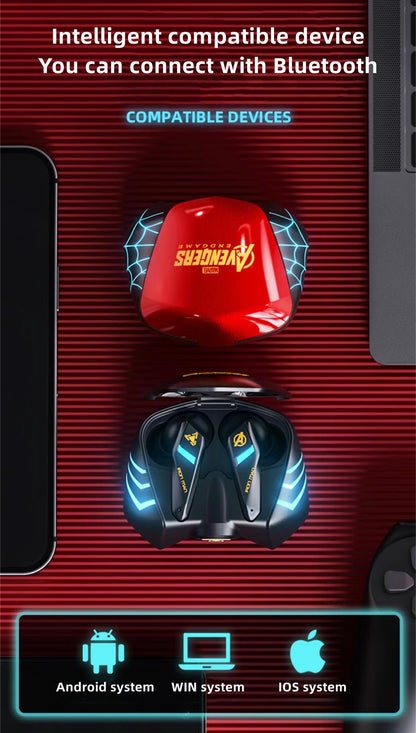 Marvel Spider-Man Iron Man RGB Gaming TWS Bluetooth 5.0 Earbuds, Low Latency Dual Mode Wireless Earphones with LED Breathing Light