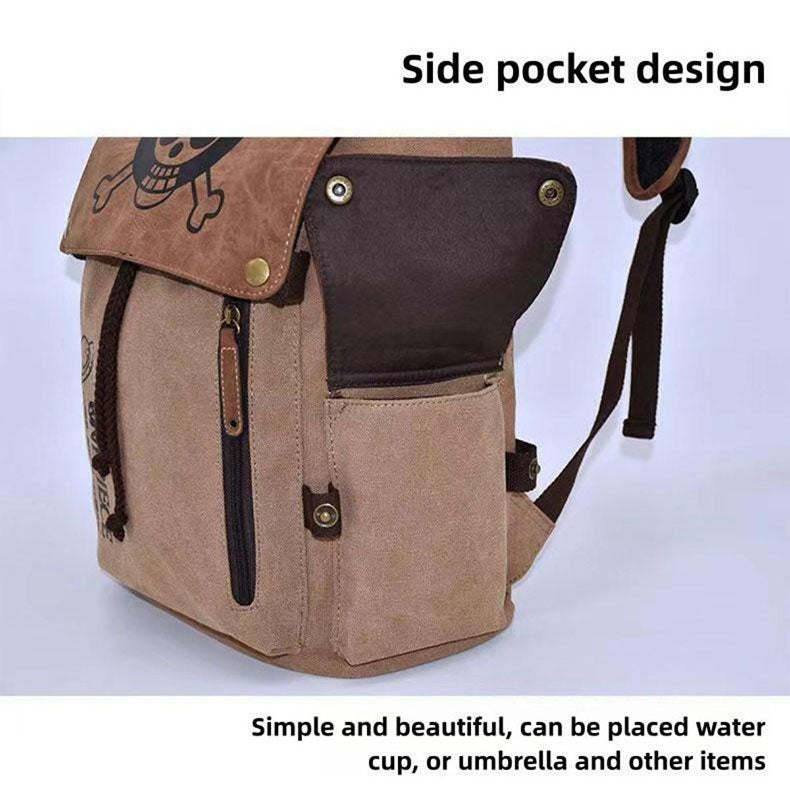 One Piece Monkey D Luffy Zoro Straw Hat Skull Logo Drawstring Flap Backpack, Vintage Canvas 14 Inch Laptop School Travel Rucksack