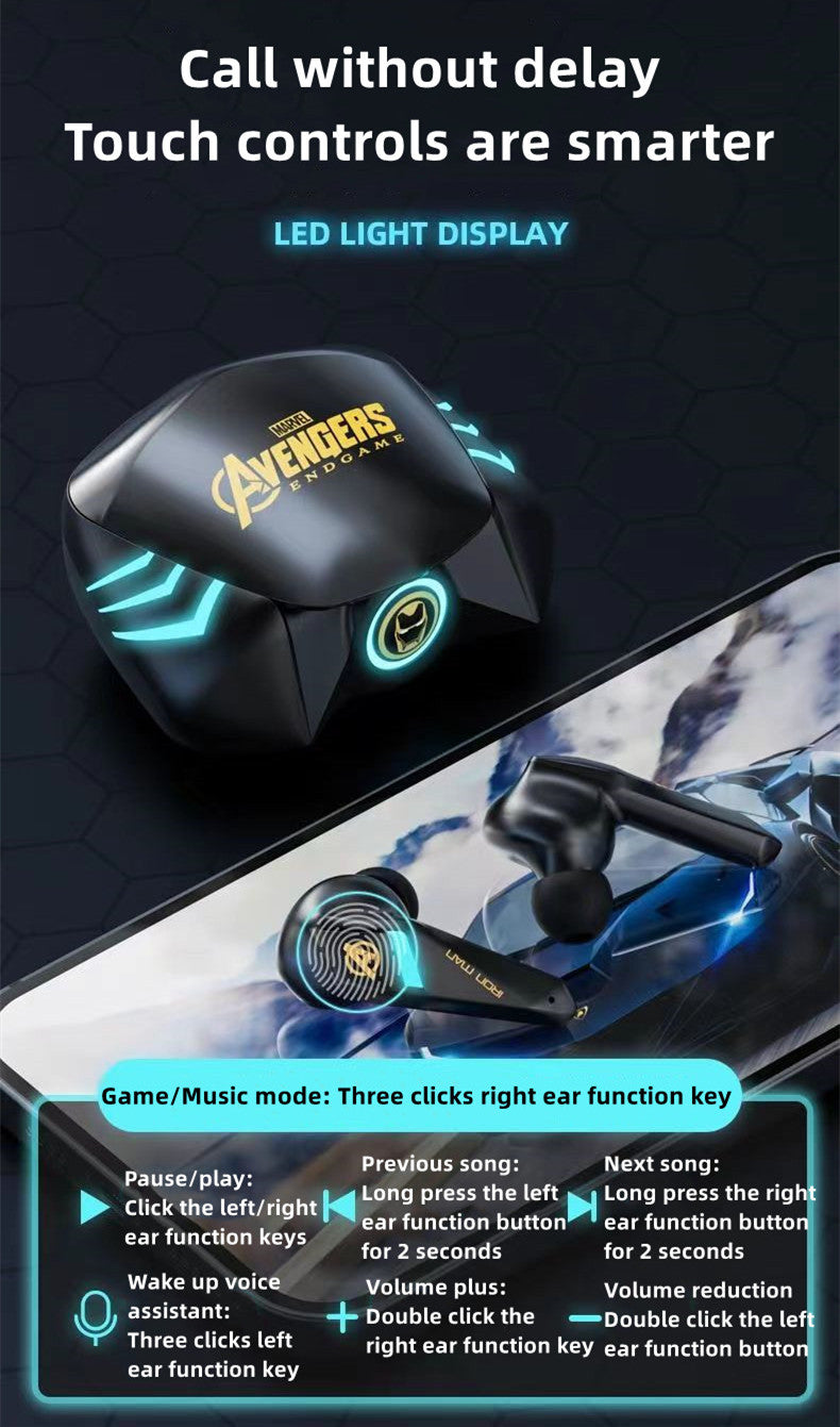 Marvel Spider-Man Iron Man RGB Gaming TWS Bluetooth 5.0 Earbuds, Low Latency Dual Mode Wireless Earphones with LED Breathing Light