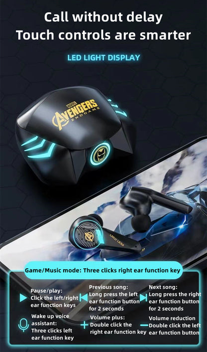 Marvel Spider-Man Iron Man RGB Gaming TWS Bluetooth 5.0 Earbuds, Low Latency Dual Mode Wireless Earphones with LED Breathing Light