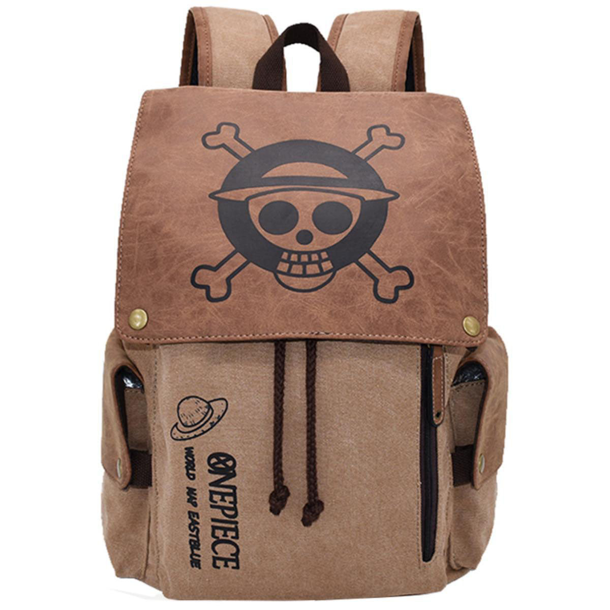 One Piece Monkey D Luffy Zoro Straw Hat Skull Logo Drawstring Flap Backpack, Vintage Canvas 14 Inch Laptop School Travel Rucksack
