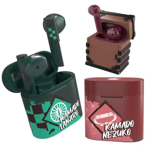 Demon Slayer Kamado Tanjiro Kamado Nezuko Anime True Wireless Bluetooth Earbuds, Bluetooth 5.2 Semi In Ear Earphones with Charging Case