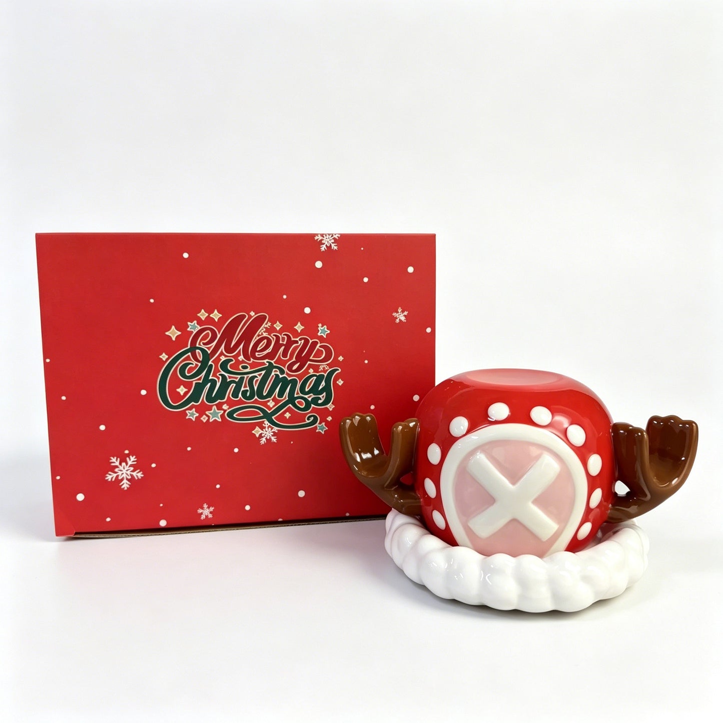 One Piece Tony Tony Chopper Christmas 3D Embossed Ceramic Mug With Coaster, Reindeer Antler Handle Anime Xmas Gift Coffee Cup Set