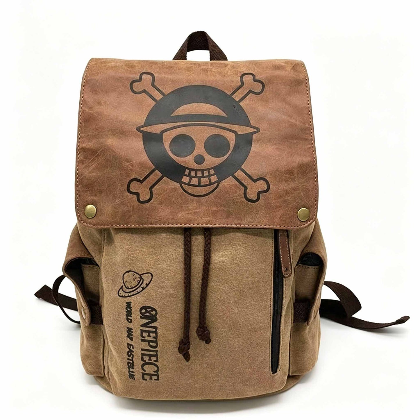 One Piece Monkey D Luffy Zoro Straw Hat Skull Logo Drawstring Flap Backpack, Vintage Canvas 14 Inch Laptop School Travel Rucksack