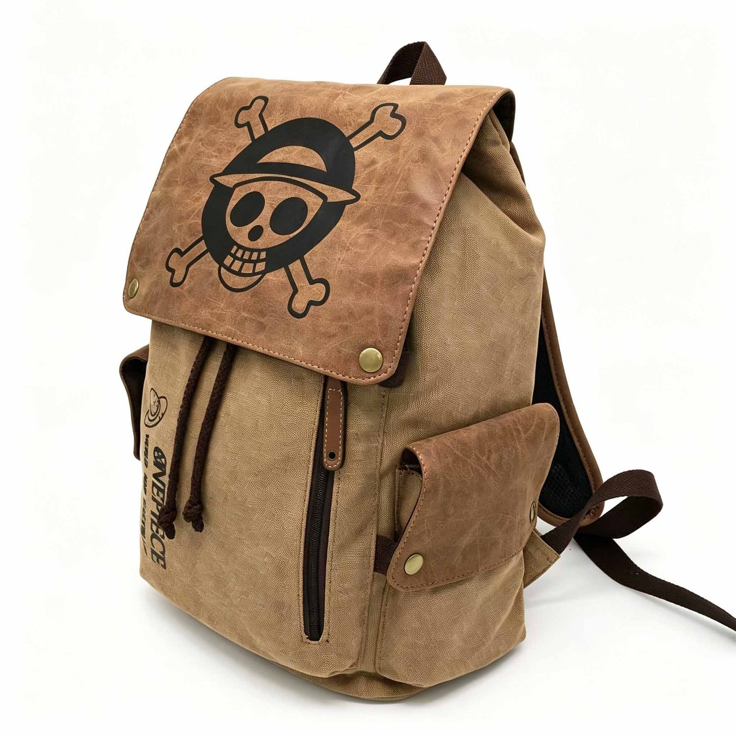 One Piece Monkey D Luffy Zoro Straw Hat Skull Logo Drawstring Flap Backpack, Vintage Canvas 14 Inch Laptop School Travel Rucksack