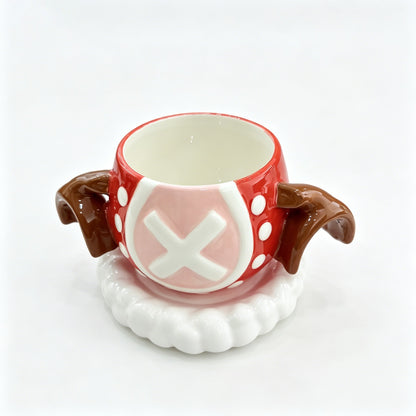 One Piece Tony Tony Chopper Christmas 3D Embossed Ceramic Mug With Coaster, Reindeer Antler Handle Anime Xmas Gift Coffee Cup Set