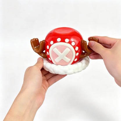 One Piece Tony Tony Chopper Christmas 3D Embossed Ceramic Mug With Coaster, Reindeer Antler Handle Anime Xmas Gift Coffee Cup Set