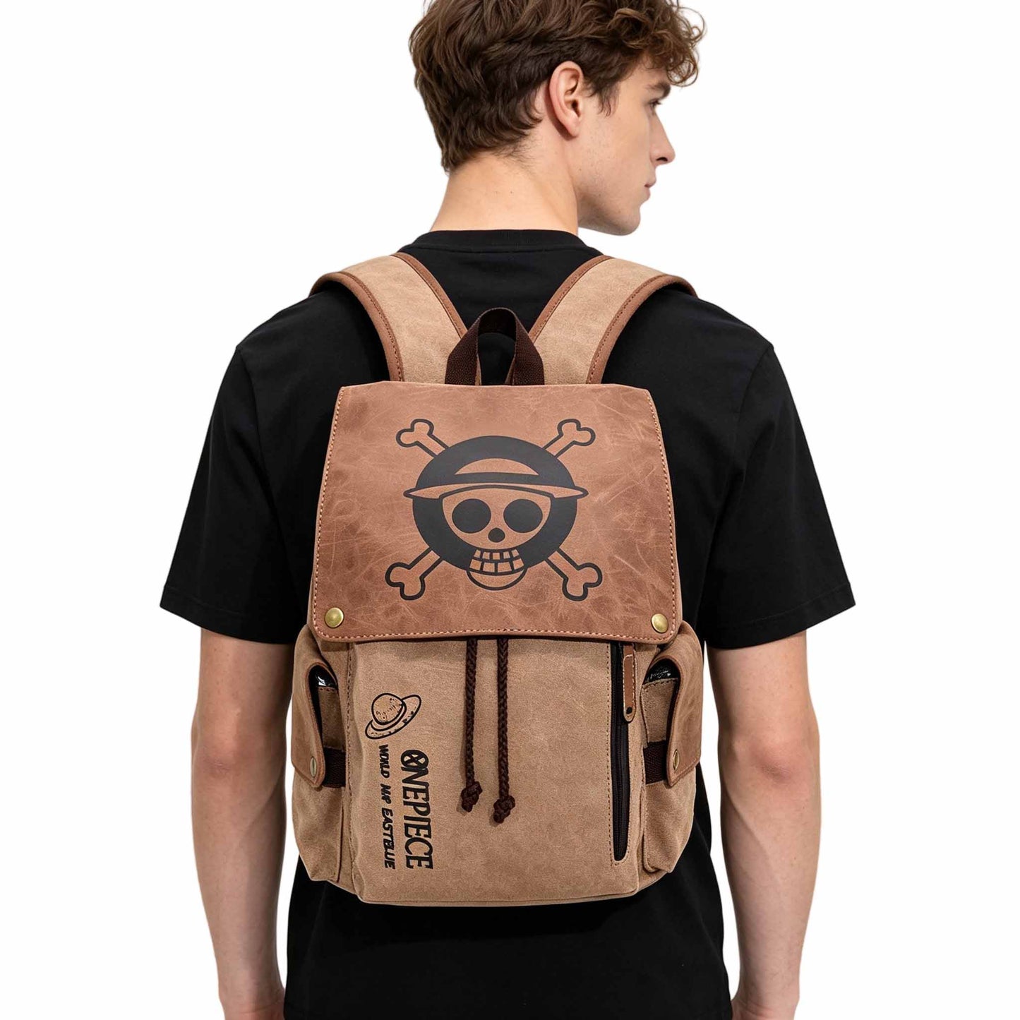 One Piece Monkey D Luffy Zoro Straw Hat Skull Logo Drawstring Flap Backpack, Vintage Canvas 14 Inch Laptop School Travel Rucksack