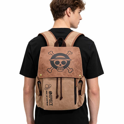 One Piece Monkey D Luffy Zoro Straw Hat Skull Logo Drawstring Flap Backpack, Vintage Canvas 14 Inch Laptop School Travel Rucksack