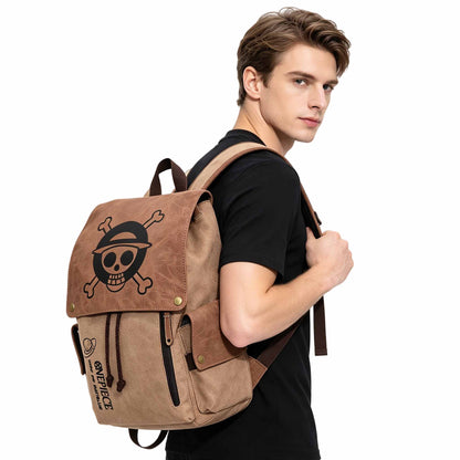One Piece Monkey D Luffy Zoro Straw Hat Skull Logo Drawstring Flap Backpack, Vintage Canvas 14 Inch Laptop School Travel Rucksack