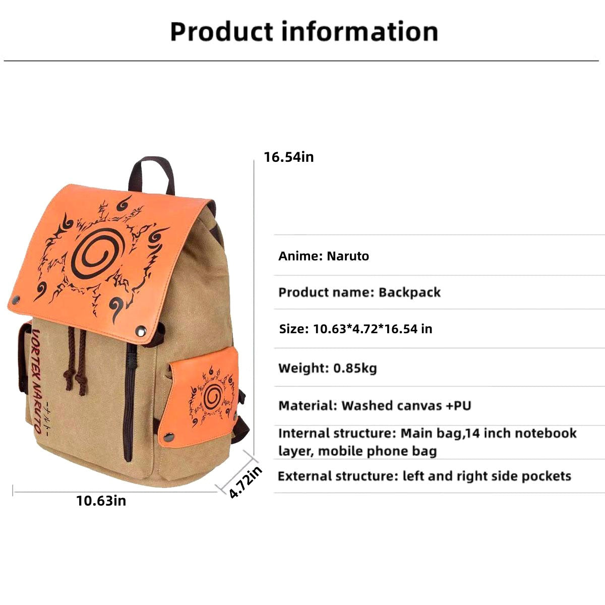 Naruto Drawstring Flap Backpack, Anime Nine Tails Seal Canvas School Laptop Backpack