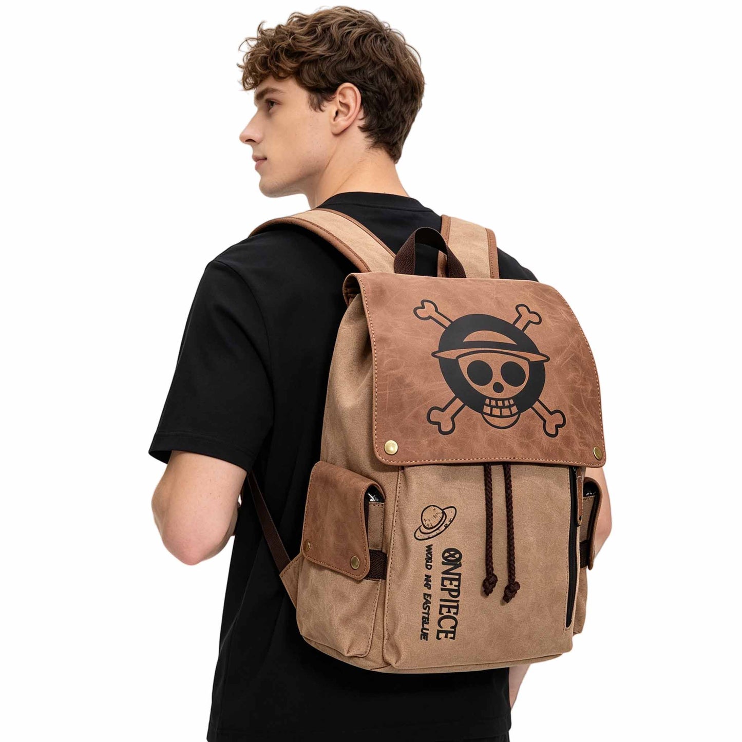 One Piece Monkey D Luffy Zoro Straw Hat Skull Logo Drawstring Flap Backpack, Vintage Canvas 14 Inch Laptop School Travel Rucksack