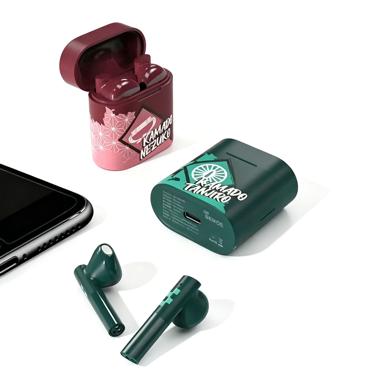 Demon Slayer Kamado Tanjiro Kamado Nezuko Anime True Wireless Bluetooth Earbuds, Bluetooth 5.2 Semi In Ear Earphones with Charging Case