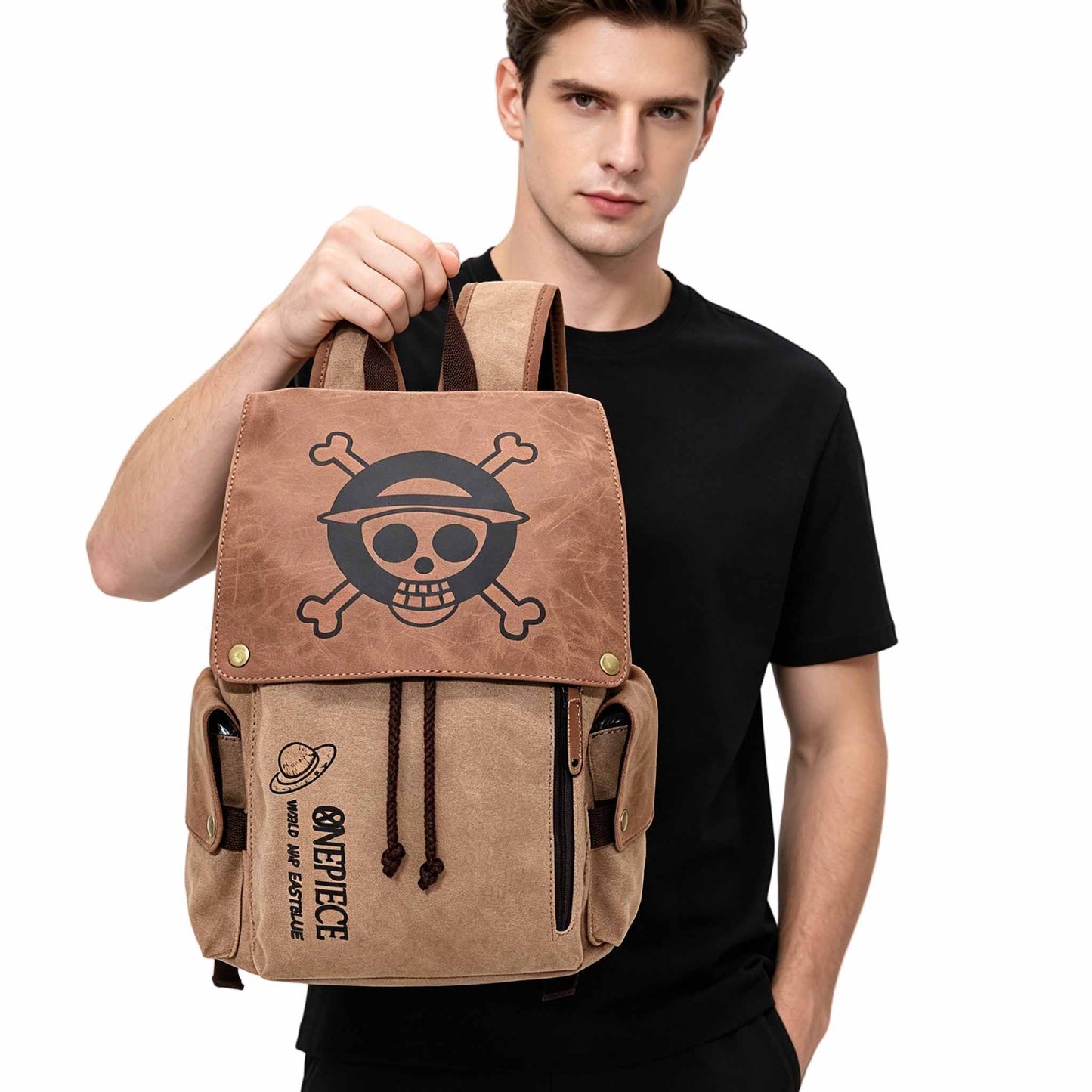 One Piece Monkey D Luffy Zoro Straw Hat Skull Logo Drawstring Flap Backpack, Vintage Canvas 14 Inch Laptop School Travel Rucksack