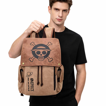 One Piece Monkey D Luffy Zoro Straw Hat Skull Logo Drawstring Flap Backpack, Vintage Canvas 14 Inch Laptop School Travel Rucksack