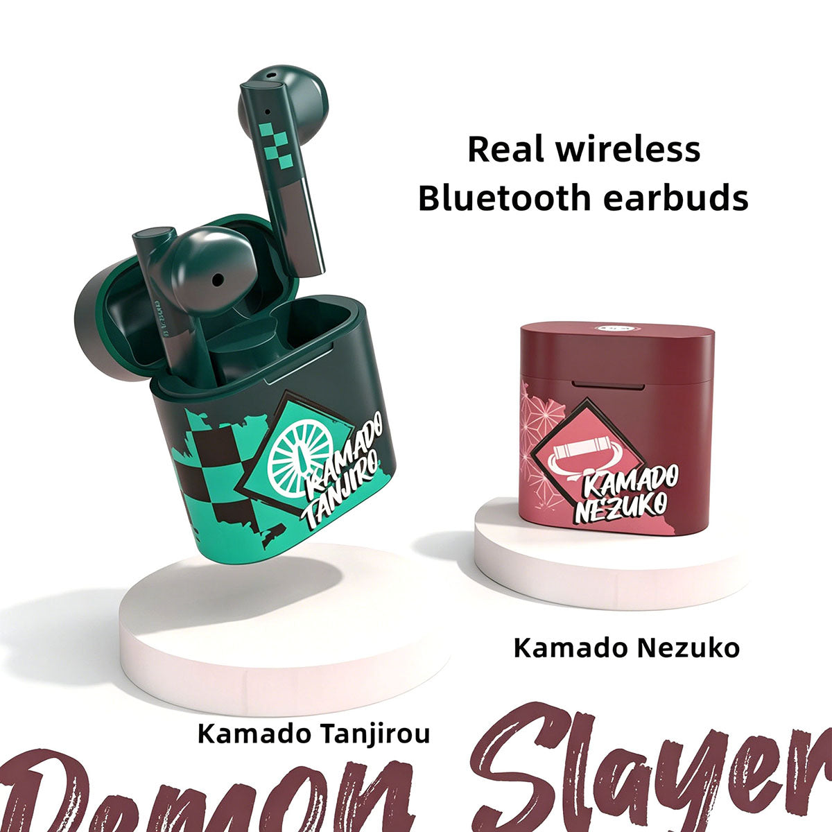 Demon Slayer Kamado Tanjiro Kamado Nezuko Anime True Wireless Bluetooth Earbuds, Bluetooth 5.2 Semi In Ear Earphones with Charging Case