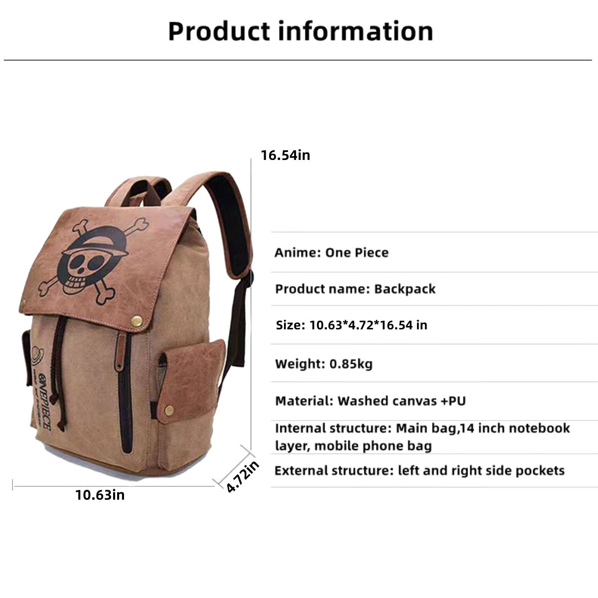One Piece Monkey D Luffy Zoro Straw Hat Skull Logo Drawstring Flap Backpack, Vintage Canvas 14 Inch Laptop School Travel Rucksack